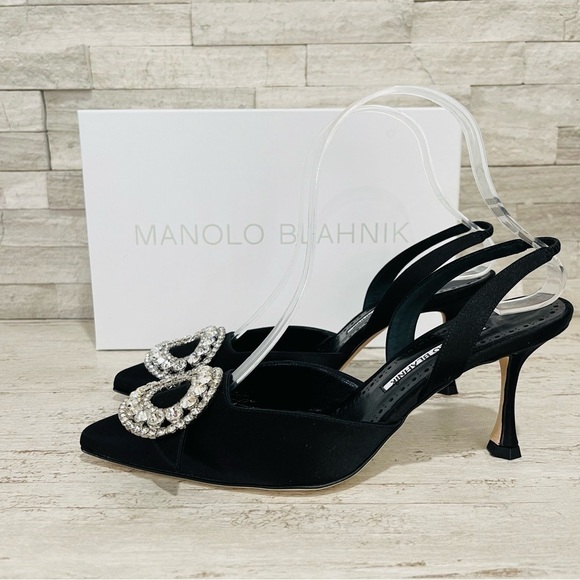 Manolo Blahnik Fiboslac Black Satin Swarovski Crystal Slingback 70MM Pumps SZ 37 - Picture 7 of 14